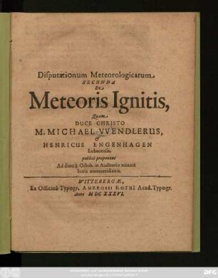 Disputationum Meteorologicarum Secunda De Meteoris Ignitis