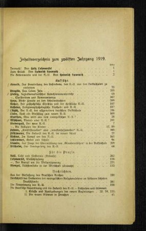 Inhaltsverzeichnis zum zwölften Jahrgang 1919