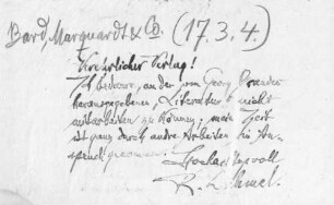 Brief an die Verlagsbuchhandlung Bard, Marquard & Co.