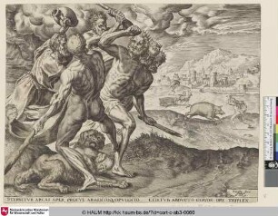 [Herakles erschlägt Geryon und fängt den Calydonischen Eber; Hercules slays Geryon and Hercules captures the Caledonian boar; Hercule et Geryon]