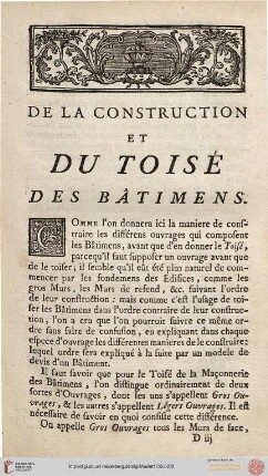 De la Construction et du Toisé des Bâtimens