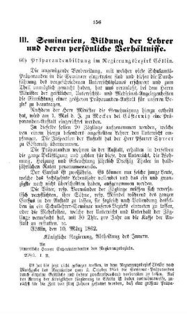 Präparandenbildung im Regierungsbezirk Cöslin : [III. Seminarien, Bildung der Lehrer und deren persönliche Verhältnisse]