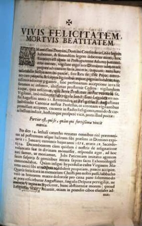 Vivis Felicitatem, Mortuis Beatitatem : Amantissimi Domini, Domini Confoederati, nos legem habemus, & secundum legem debemus mori, hoc statutum est ... P. Augustinus Imbslender ...