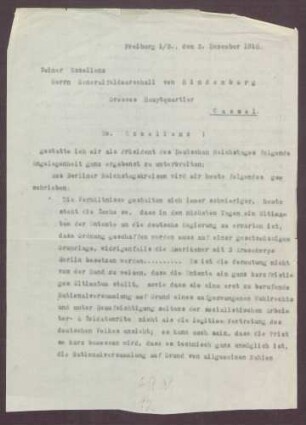 Schreiben von Constantin Fehrenbach an Paul von Hindenburg, Durchschlag, Einberufung des Reichstages und drohende Besetzung Berlins