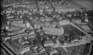 Dresden-Neustadt. Albertstraße mit Staatsarchiv und Carolaplatz mit Zirkus Sarrasani. Luftbild-Schrägaufnahme von Westsüdwest