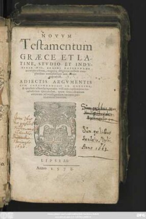 NOVVM || Testamentum || GRAECE ET LA-||TINE, STVDIO ET INDV-||STRIA DES. ERASMI ROTERODAMI || accurate editum, magna#[que] diligentia collatis com-||pluribus exemplaribus iam denuo || expressum.|| ADIECTIS ARGVMENTIS || CVM CONCORDANTIIS IN MARGINE ... ||