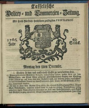 49. Stueck, Montag den 8ten Decembr. 1766
