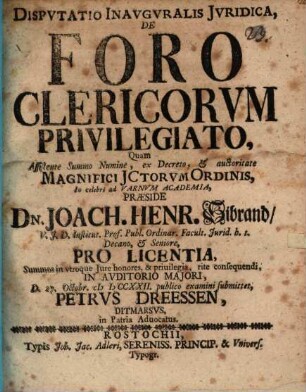 Disp. inaug. iur. de foro clericorvm privilegiato
