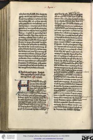 Explicit prologus. Incipit liber apocalipsis beati Iohannis apostoli, capitulum primum.