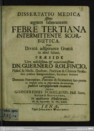 Dissertatio Medica sistens aegrum laborantem Febre Tertiana Intermittente Scorbutica
