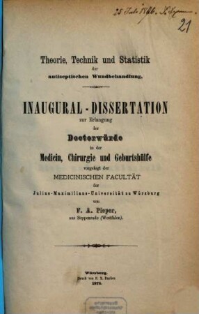 Theorie, Technik und Statistik der antiseptischen Wundbehandlung : Inaug.-Diss.