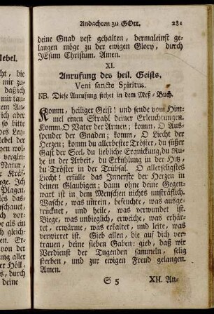 XI. Anrufung des heil. Geists. - XV. Gebett zur Erlangung der zwölf Früchten des heil. Geists.