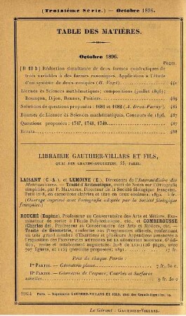 Table des matières. Octobre 1896.