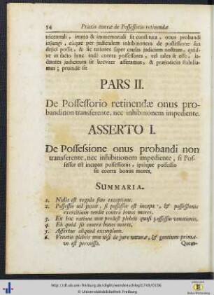 Pars II. De Possesorio retinendae onus probandi non transferente, nec inhibitionem impediente.