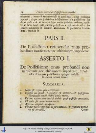 Pars II. De Possesorio retinendae onus probandi non transferente, nec inhibitionem impediente.