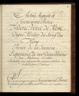 Widmung von Turrettini an Prinz Friedrich [II.] von Hessen-Kassel, den späteren Landgrafen