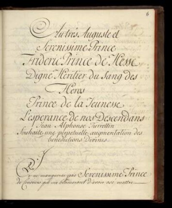 Widmung von Turrettini an Prinz Friedrich [II.] von Hessen-Kassel, den späteren Landgrafen