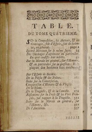 Table. Du Tome Quatrieme.