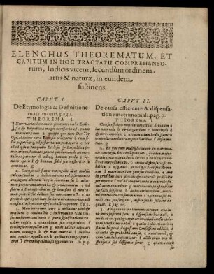 Elenchus Theorematum, Et Capitum In Hoc Tractatu Comprehensorum, Indicis vicem, secundum ordinem ...
