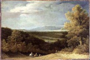 Landschaft mit Blick auf eine weite Tiefebene, vorne Reiter