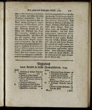 Verzeichniß derer Artickel in diesen Wochenblättern. 1743.