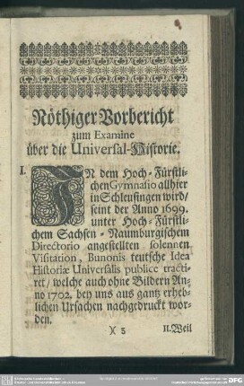 Nöthiger Vorbericht zum Examine über die Universal-Historie