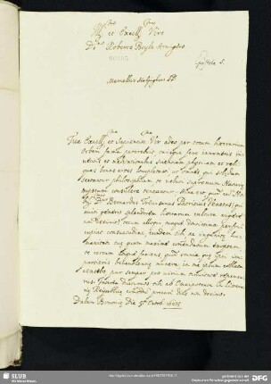 [Faszikel 8: Brief vermutlich von Marcello Malpighi an Robert Boyle mit Nennung Bernardo Trevisans]
