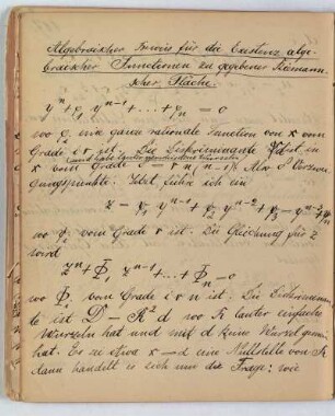 Algebraischer Beweis für die Existenz algebraischer Functionen zu gegebener Riemannscher Fläche.
