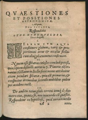 Quaestiones Et Positiones Astronomicae, Ad quas, Deo Iuvante, Respondebit Otho Hohenfelder ...
