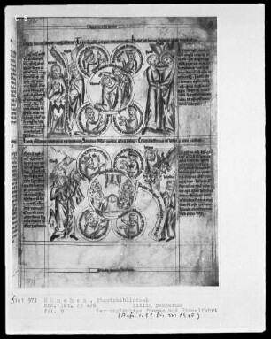 Biblia pauperum — Bildseite mit zwei Gruppen typologischer Szenen, Folio 9recto