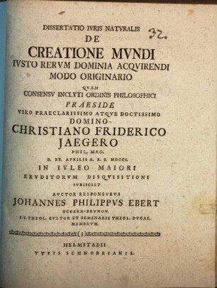 Diss. iur. natur. de creatione mundi, iusto rerum dominia acquirendi modo originario