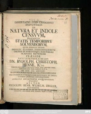 Dissertatio Ivris Germanici Inavgvralis De Natvra Et Indole Censvvm, Praesertim Statis Temporibvs Solvendorvm