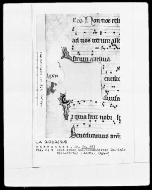 Graduale — Rest einer ausgeschnittenen Initiale B (enedicta), Folio 67verso