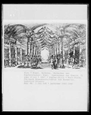 Opernszene aus Francesco Sbarras "Il pomo d'oro"; Mit Bühnenarchitektur von Ludovico Ottavio Burnacini