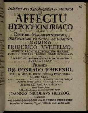 Dissertatio Inauguralis Medica De Affectu Hypochondriaco