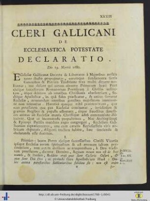 Cleri Gallicani de ecclesiastica potestate declaratio; Epistola conventus cleri Gallicani ad universos ecclesiae Gallicanae praesules; Edit du Roy.