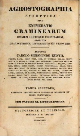 Enumeratio plantarum omnium hucusque cognitarum, secundum familias naturales disposita, adjectis characteribus, differentiis et synonymis, [6]. Agrostographia synoptica sive enumeratio graminearum omnium hucusque cognitarum, adjectis characteribus, differentiis et synonymis : exhibens descriptiones specierum novarum et minus cognitarum