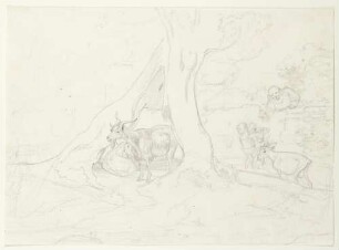 Mönch, Knabe und Ziegen mit hohlem Baum