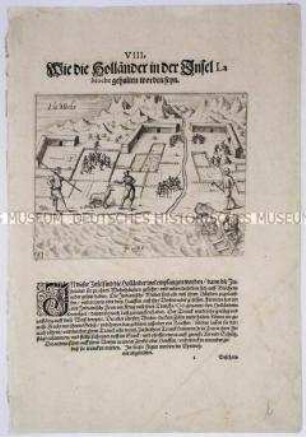 Wie die Holländer auf der Insel La Mocha gehalten wurden um 1600 - Tafel 82 aus de Bry, Amerika II