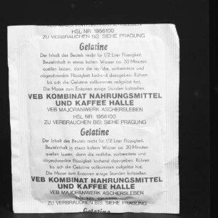 Papiertüte (Rückseite) für Gelatine des VEB Kombinat Nahrungsmittel und Kaffee Halle / VEB Majoranwerk Aschersleben