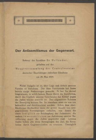 Referat ... gehalten auf der Hauptversammlung des Centralvereins