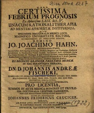 Certissima Febrium Prognosis : Ex Aphorismo LXIX. Sect. IV. Una Cum Rationali Therapia Ad Mentem Aphoristae Instituenda