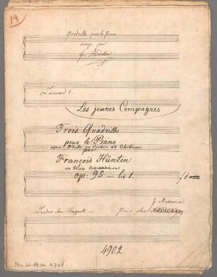 Les jeunes compagnes: livre 1, pf, fl (vl), op. 95/1, C-Dur - BSB Mus.Schott.Ha 4701 : [title on p. 1:] Quadrille pour le Piano // comp: par // Fr. Hünten // Livraison 1. // [publisher's addition: Les jeunes Compagnes // Trois Quadrilled // pour le Pinao // avec flute ou Violon ad libitum // par // François Hünten // en trois livraisons op: 95-liv 1. f 1 x 12] // Londres chez Cappell - Paris chez [crossed out: Schonenberger] J. Meissonnier