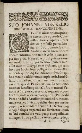 Suo Johanni Stöckelio Bibliopolæ Francofurtensi.