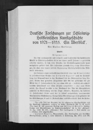 Deutsche Forschungen zur Schleswig=Holsteinischen Kunstgeschichte von 1921 - 1935. Ein Überblick.
