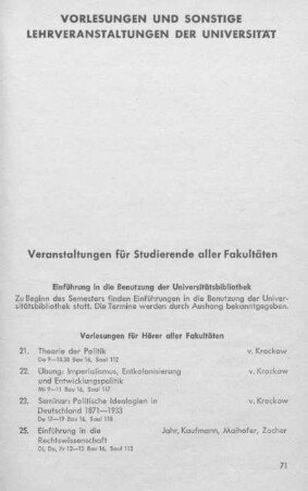 Vorlesungen und sonstige Lehrveranstaltungen der Universität