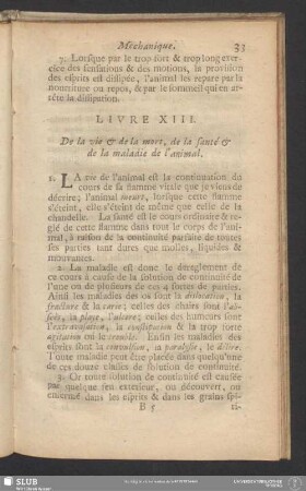 Livre XIII. De la vie & de la mort, de la santé & de la maladie de l'animal
