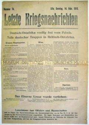 Mitteilungsblatt "Letzte Kriegsnachrichten" mit Kurzmeldungen von verschiedenen Kriegsschauplätzen