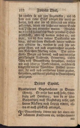Drittes Capitel. Avanturieurs Begebenheiten zu Braunschweig. Er reiset fort nach Zelle, Lüneburg und Hamburg, von da er über Boitzenburg nach Magdeburg reiset, und nach seinem Rückweg nach Leipzig nimmt, allwo er auch glücklich anlanget