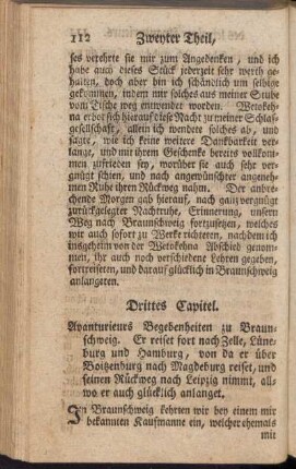 Drittes Capitel. Avanturieurs Begebenheiten zu Braunschweig. Er reiset fort nach Zelle, Lüneburg und Hamburg, von da er über Boitzenburg nach Magdeburg reiset, und nach seinem Rückweg nach Leipzig nimmt, allwo er auch glücklich anlanget